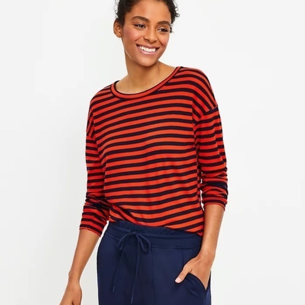Lou & Grey Red Stripe Ribbed Signaturesoft Jersey Shirttail Top L
